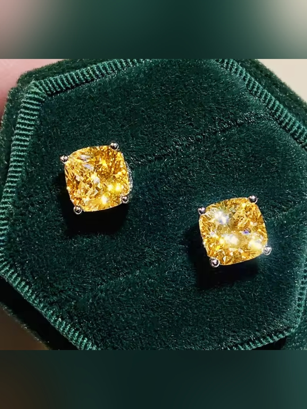 White Rhodium Yellow Sapphire Cushion Cut Stud Earrings